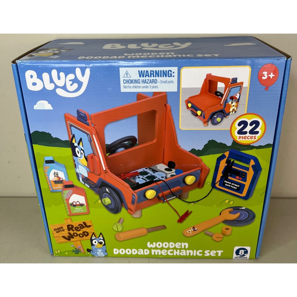 NEW Bluey Wooden Doodad Mechanic Set 22 Piece Real Wood Toy Car Repair Kit